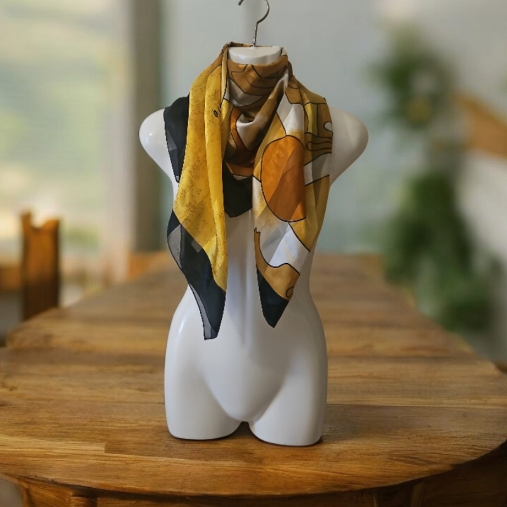 Vintage Picasso Scarf Gold Black Tones Silky.  Abstract Design Versatile Piece
